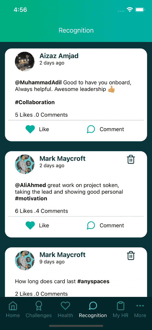 recognition page in wellness app