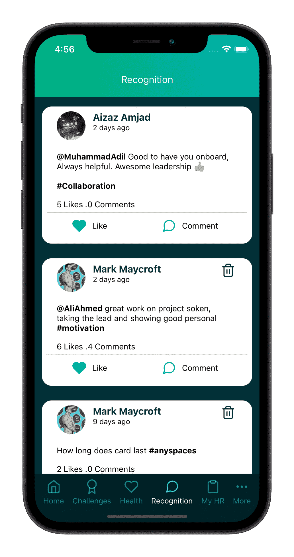 Recognition page in wellness app